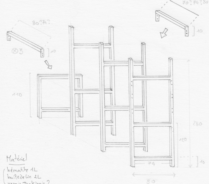 Croquis d'étagères en métal qu'on va construire en avril